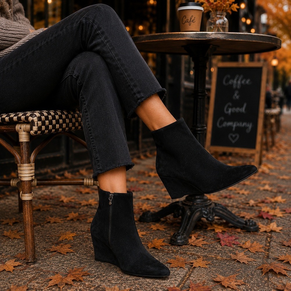 Donald J Pliner Ankle Boots Suede Wedge Heel Pointed Toe Zip Black Women's 7M